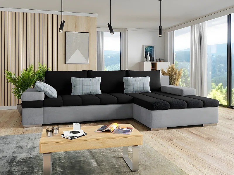 Sofá rinconero Comfivo 169, Negro, Función de descanso, Almacenaje, 310x175x83cm