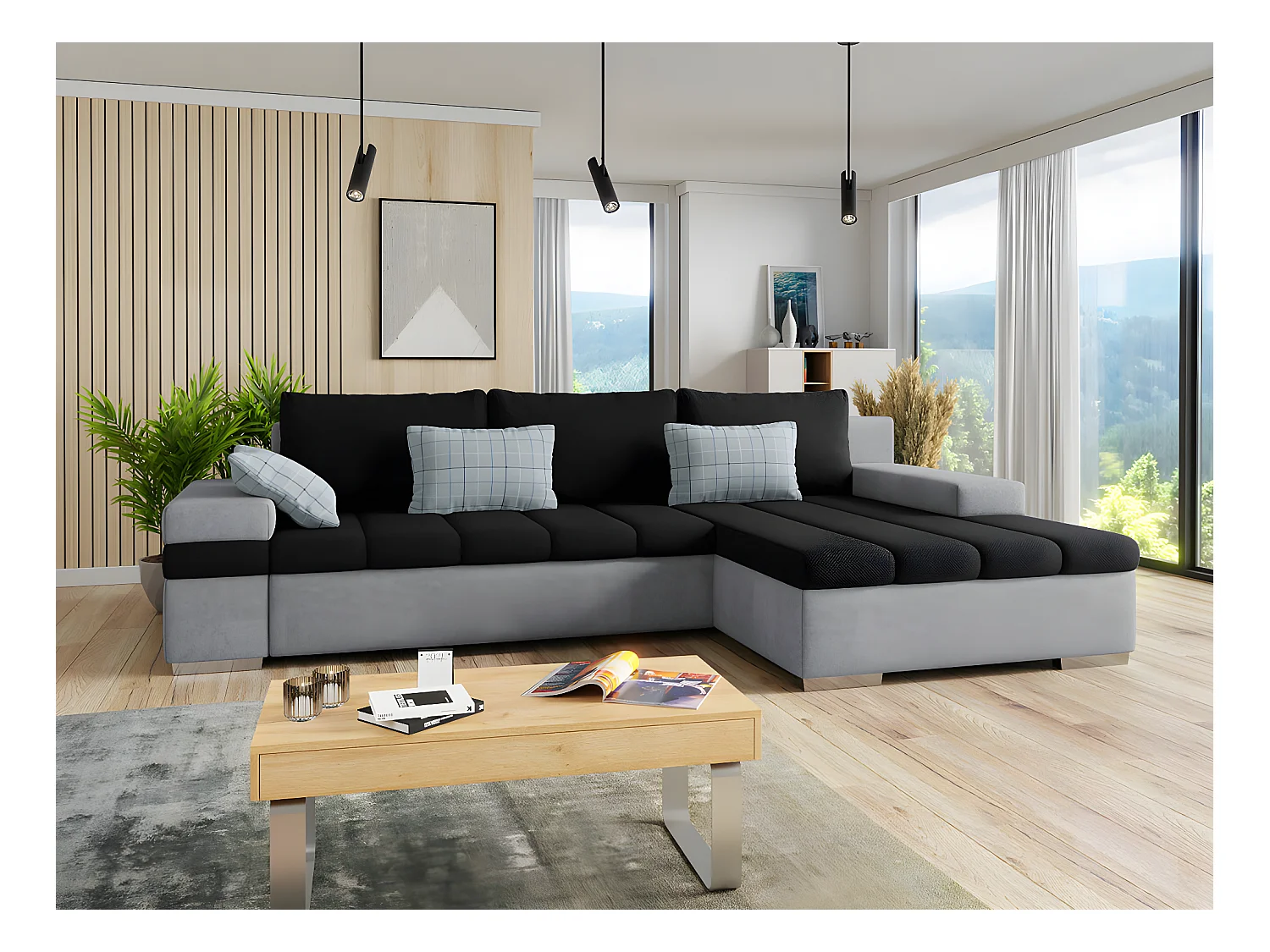 Canapé d'angle Comfivo 169, Noir, Fonction de couchage, Boîte de literie, 310x175x83cm