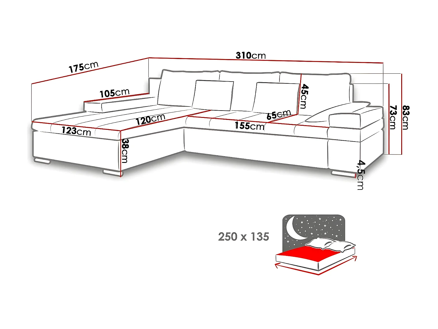 Sofá de canto Comfivo 169, Preto, Funcionalidade de dormir, 31x18x8cm