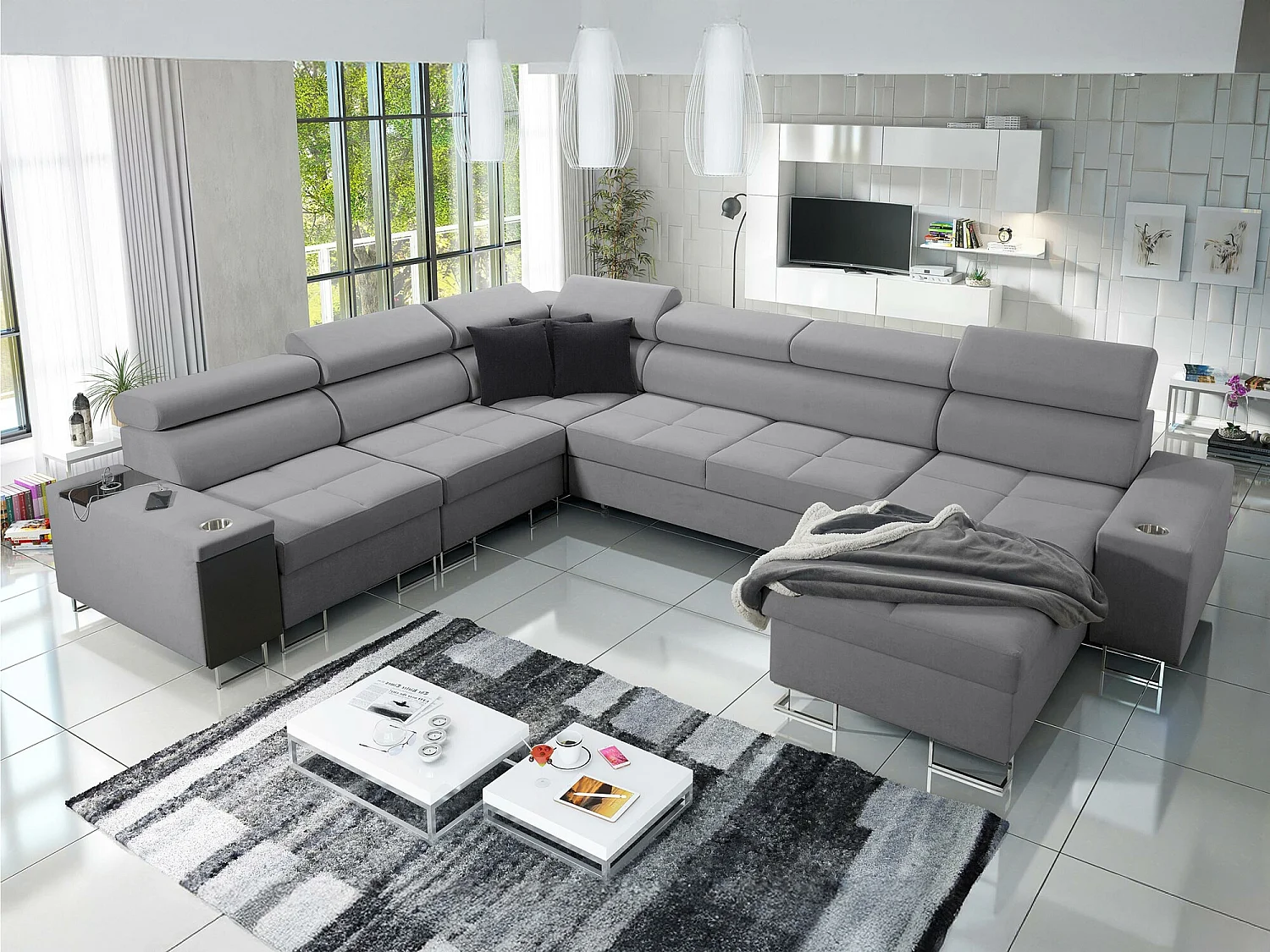 Canapé d'angle Pearland 116, Gris, Fonction de couchage, Boîte de literie, 360x284x84cm