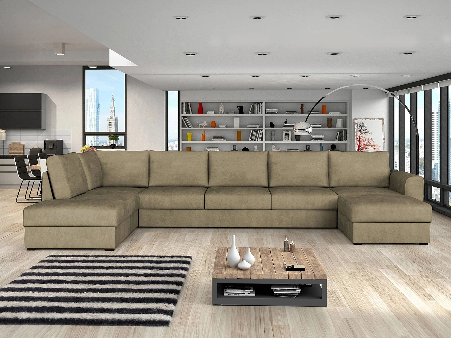 Sofá rinconero Comfivo 191, De color marrón claro, Función de descanso, Almacenaje, 370cm