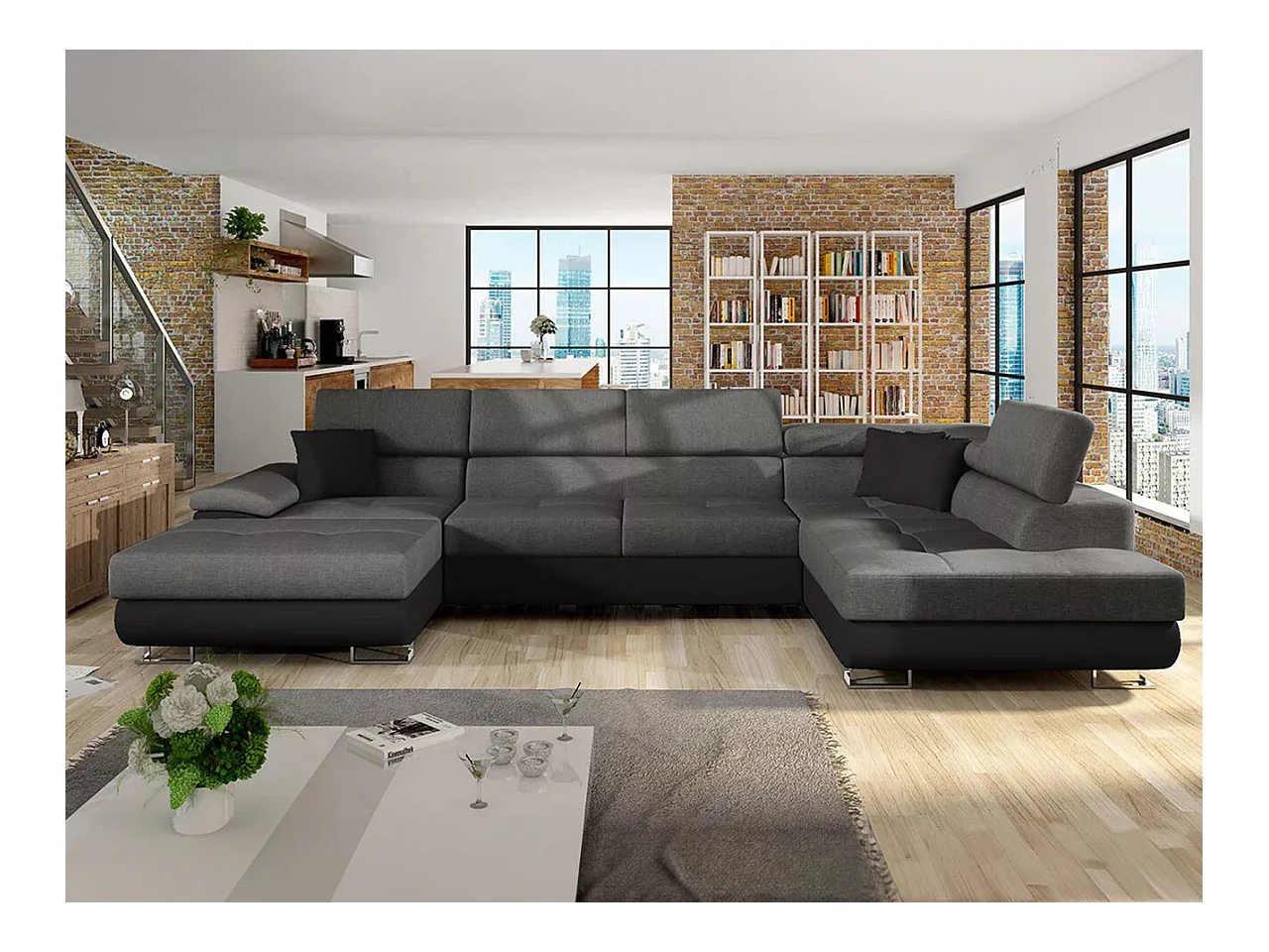 Canapé d'angle Comfivo 190, Gris, Fonction de couchage, Boîte de literie, 345x202x71cm