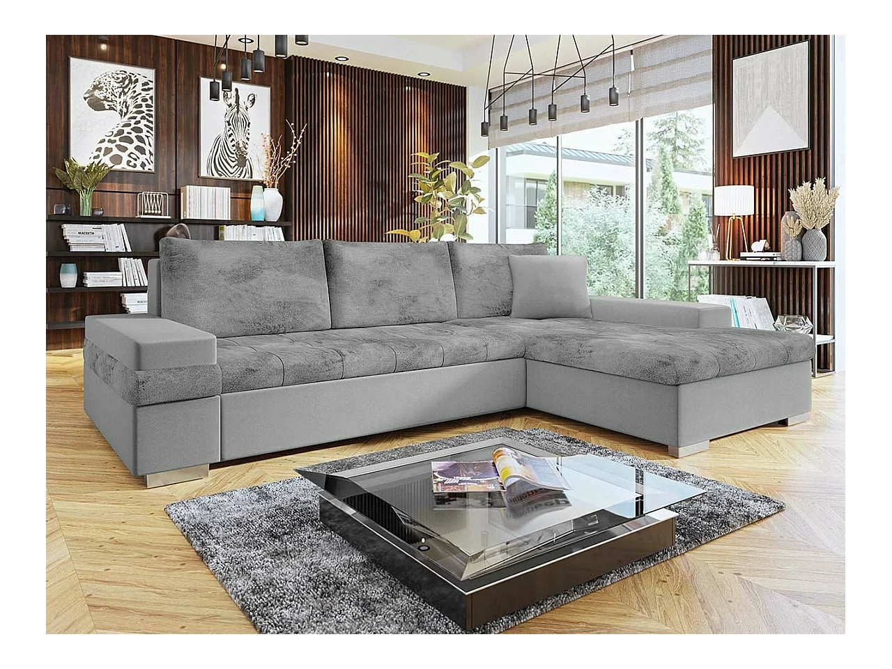 Canapé d'angle Comfivo 212, Gris, Fonction de couchage, Boîte de literie, 274x182x83cm
