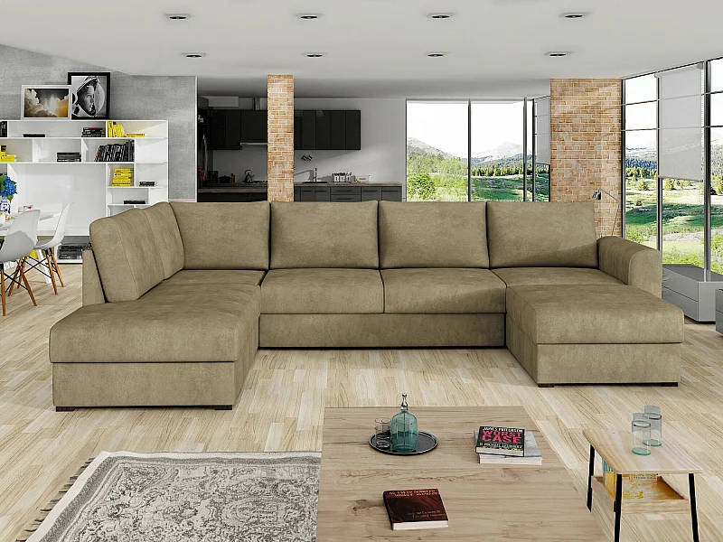 Sofá rinconero Comfivo 189, De color marrón claro, Función de descanso, Almacenaje, 305cm