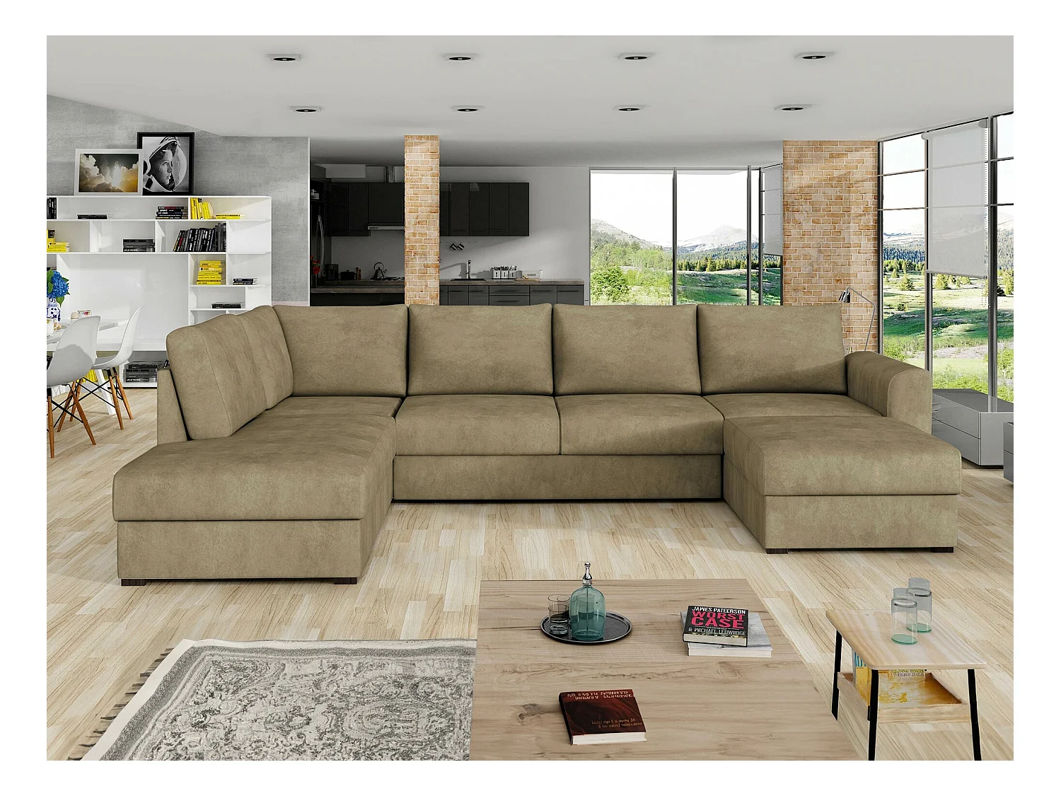 Canapé d'angle Comfivo 189, Brun clair, Fonction de couchage, Boîte de literie, 305x188cm