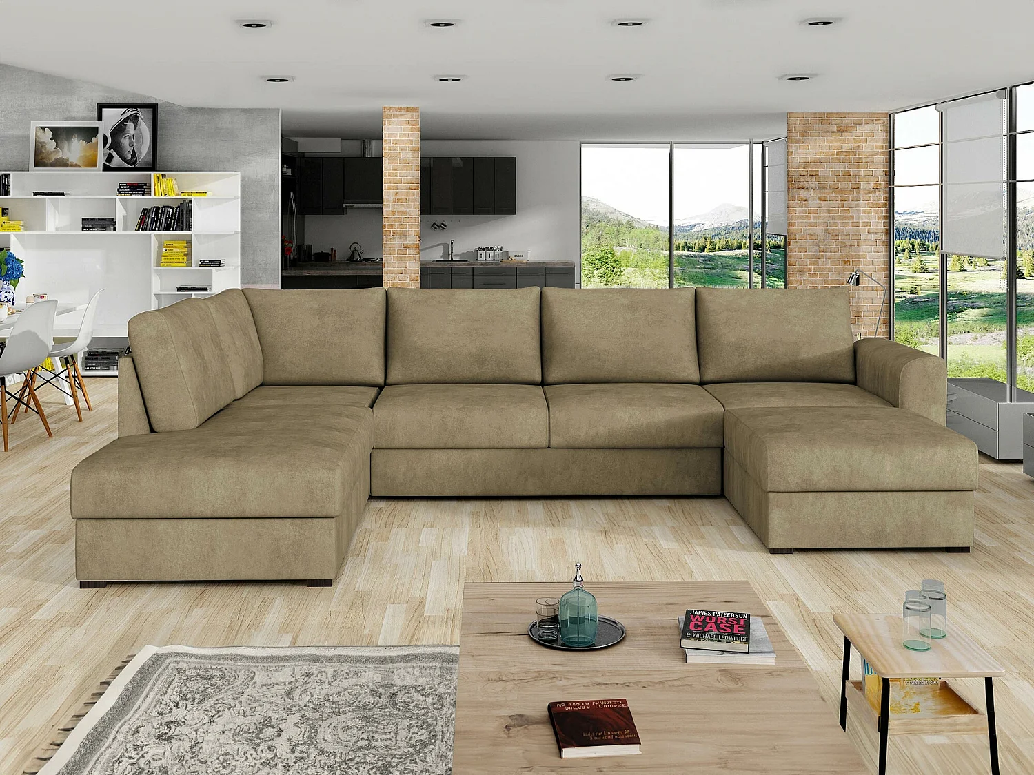 Sofá rinconero Comfivo 189, De color marrón claro, Función de descanso, Almacenaje, 305cm