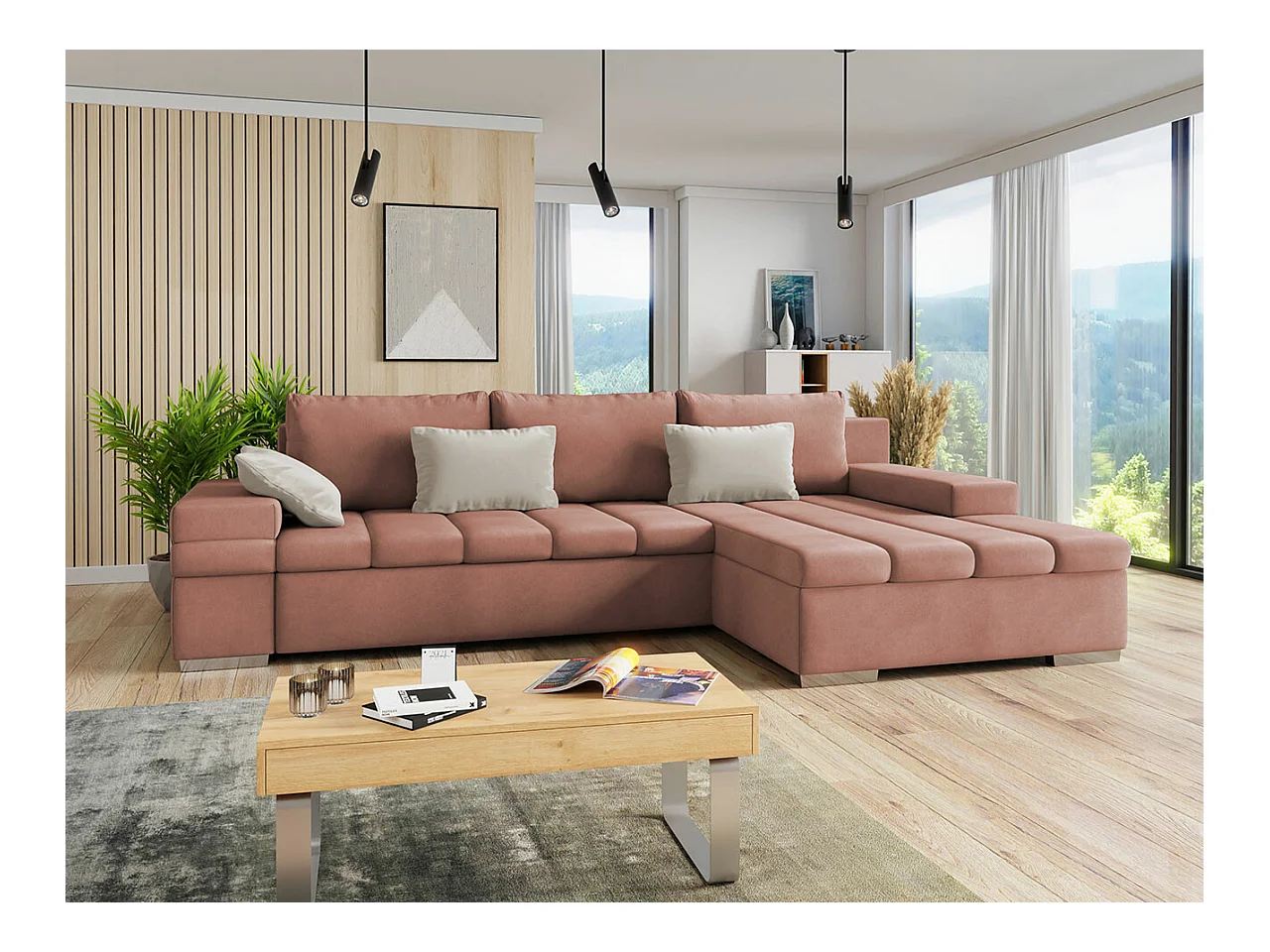 Canapé d'angle Comfivo 169, Rose, Fonction de couchage, Boîte de literie, 310x175x83cm