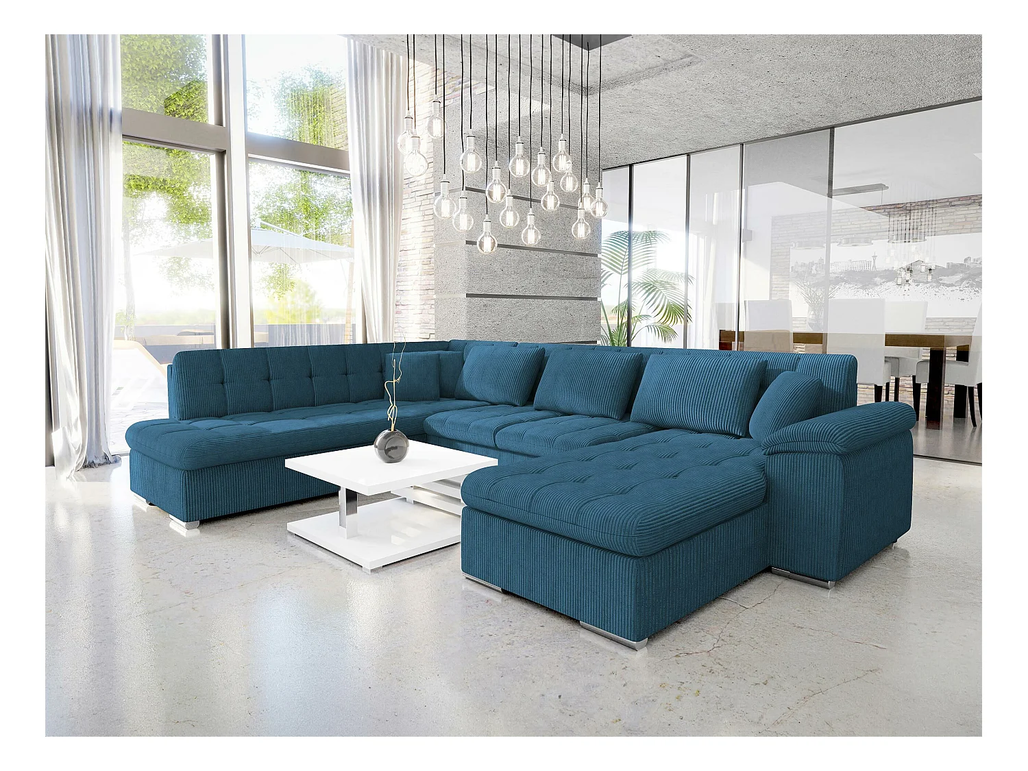 Canapé d'angle Comfivo 114, Turquoise, Fonction de couchage, Boîte de literie, 348x205cm