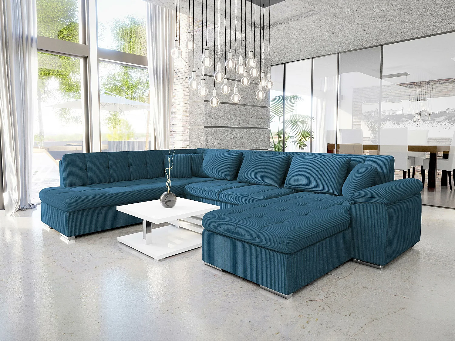 Sofá rinconero Comfivo Gemma, Azul, Función de descanso, Almacenaje, 348x205x76cm