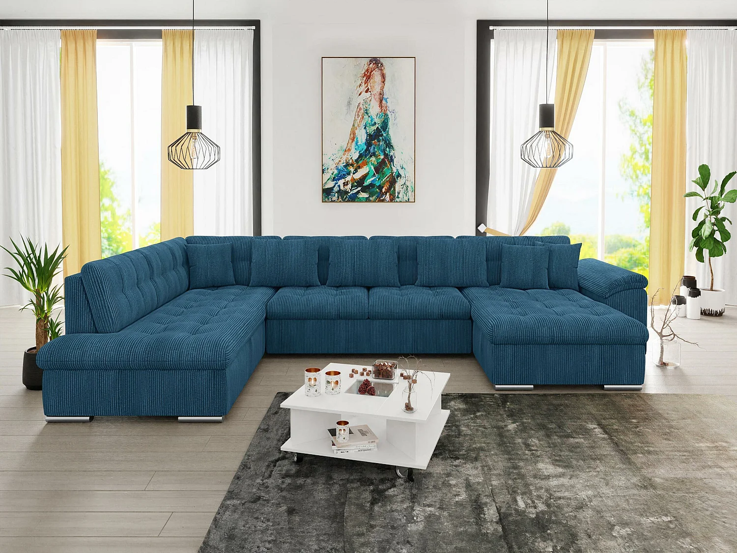 Sofá rinconero Comfivo Gemma, Azul, Función de descanso, Almacenaje, 348x205x76cm