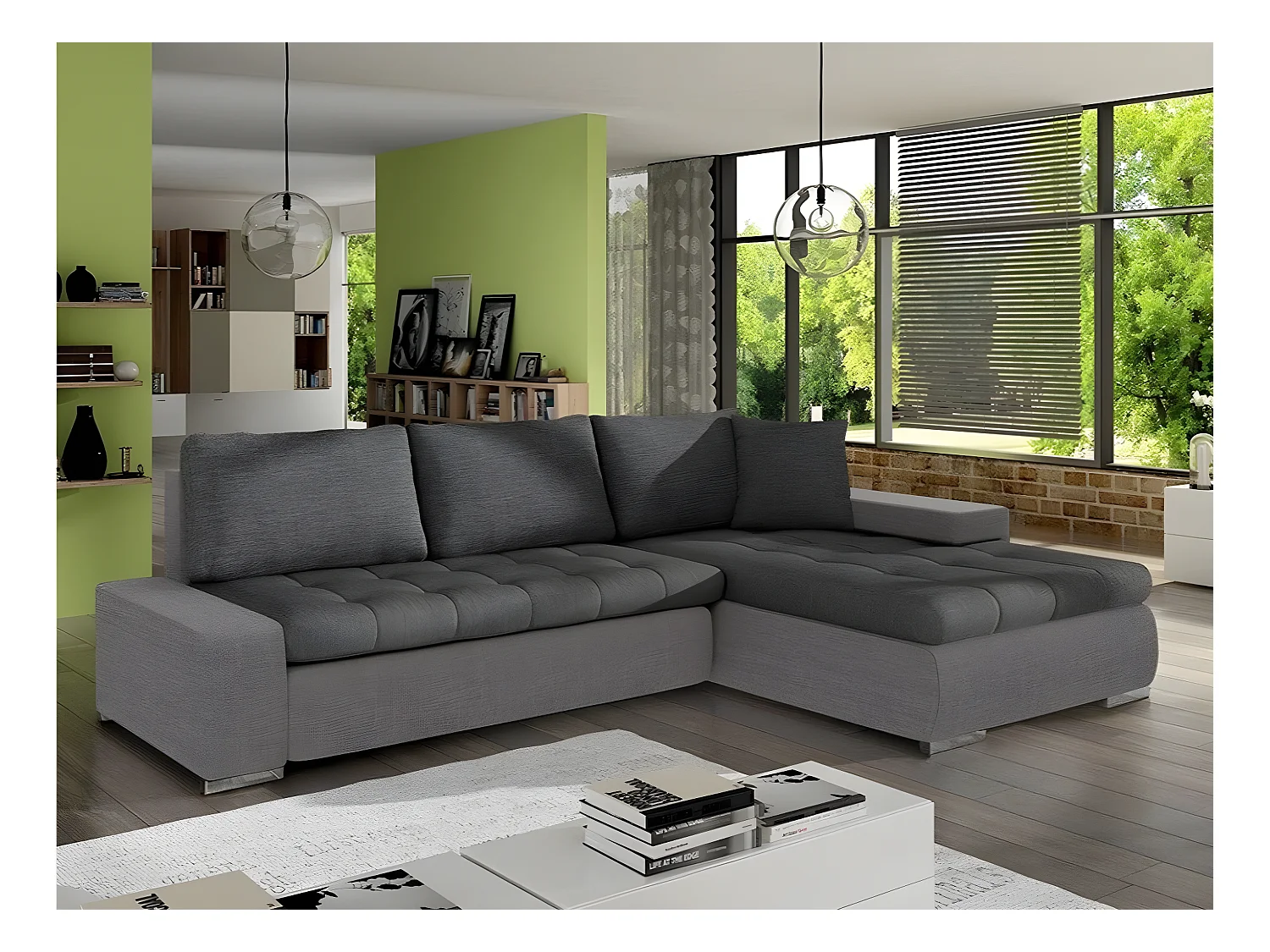 Canapé d'angle Comfivo 119, Gris, Fonction de couchage, Boîte de literie, 265x185x85cm