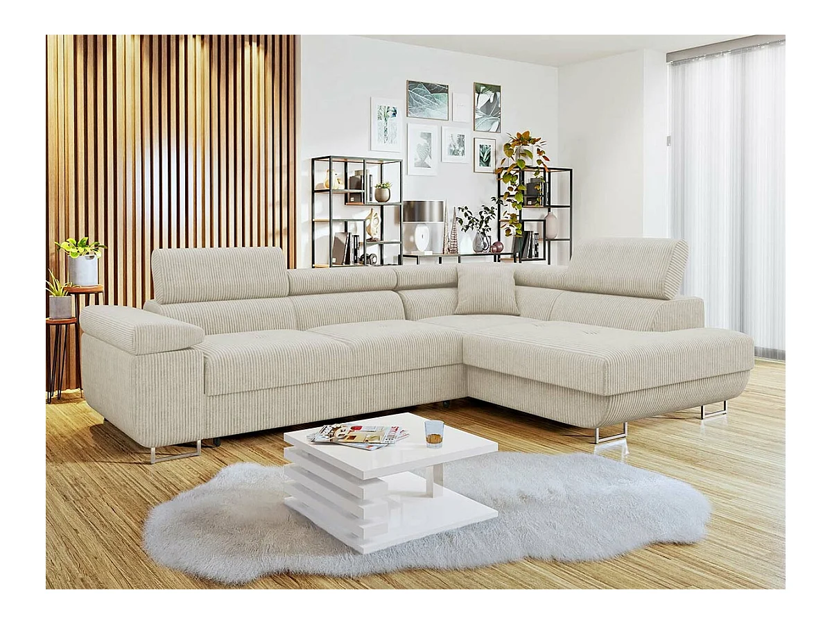 Canapé d'angle Comfivo Eliferu 100, Brun clair, Fonction de couchage, Boîte de literie,