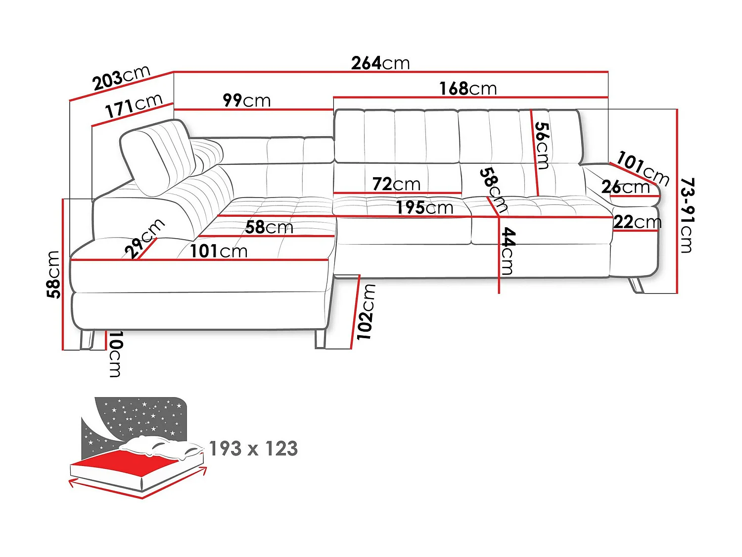 Canapé d'angle Comfivo 207, Gris, Disponible, 264x203x73cm