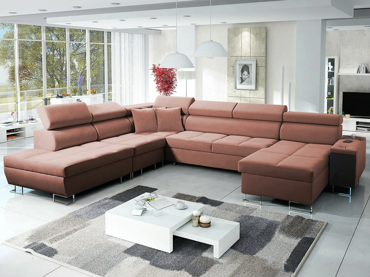 Canapé d'angle Sarasota 135, Rose, Fonction de couchage, Boîte de literie, 360x298x84cm