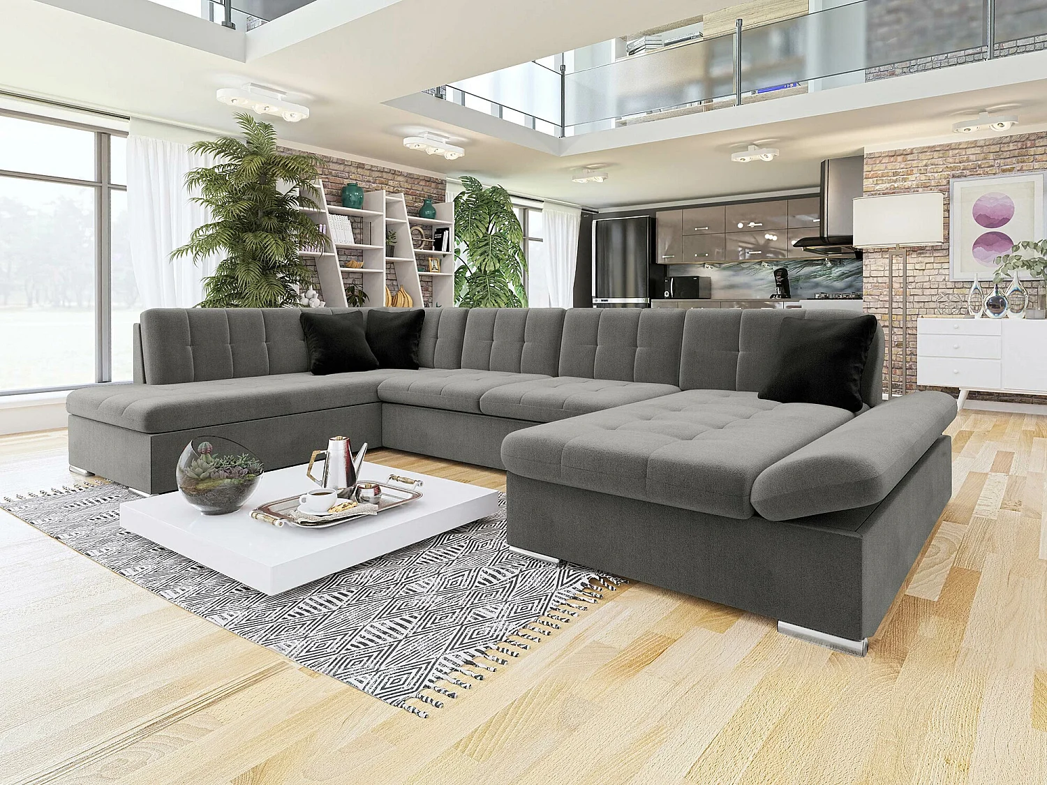 Sofá rinconero Comfivo 149, Gris, Función de descanso, Almacenaje, 345x205x76cm