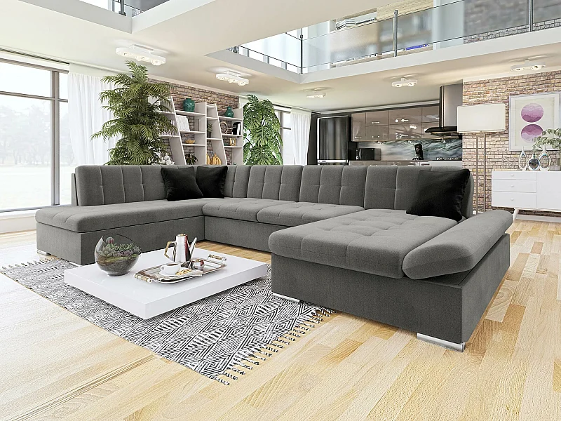 Sofá rinconero Comfivo 149, Gris, Función de descanso, Almacenaje, 345x205x76cm