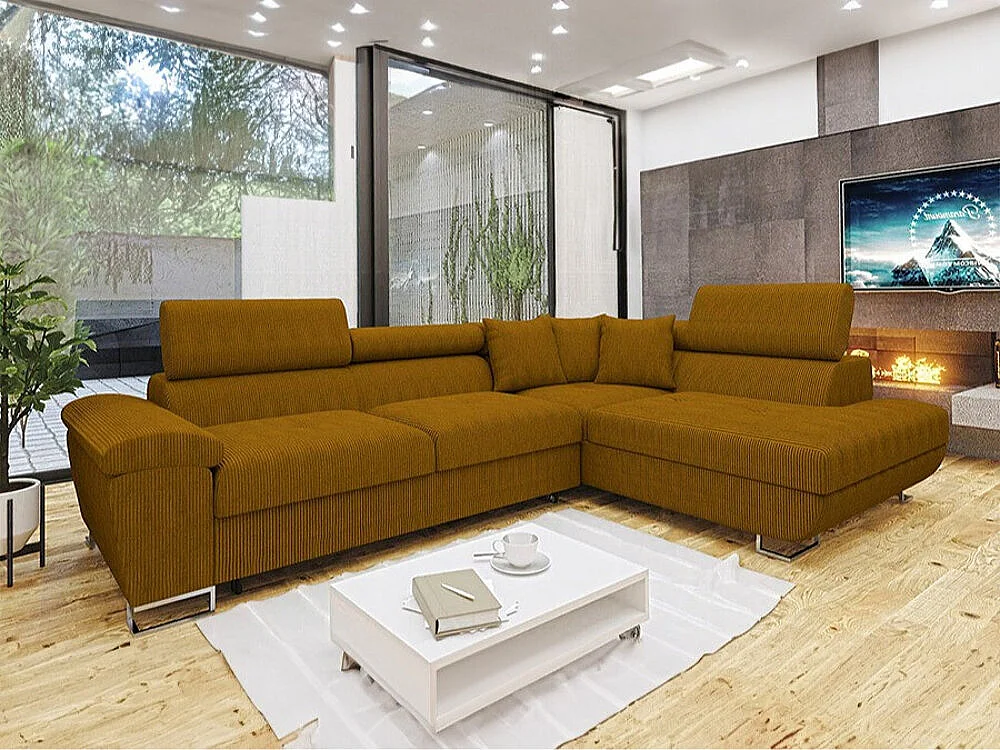 Sofá rinconero Comfivo 139, Amarillo, Función de descanso, Almacenaje, 270x202x71cm