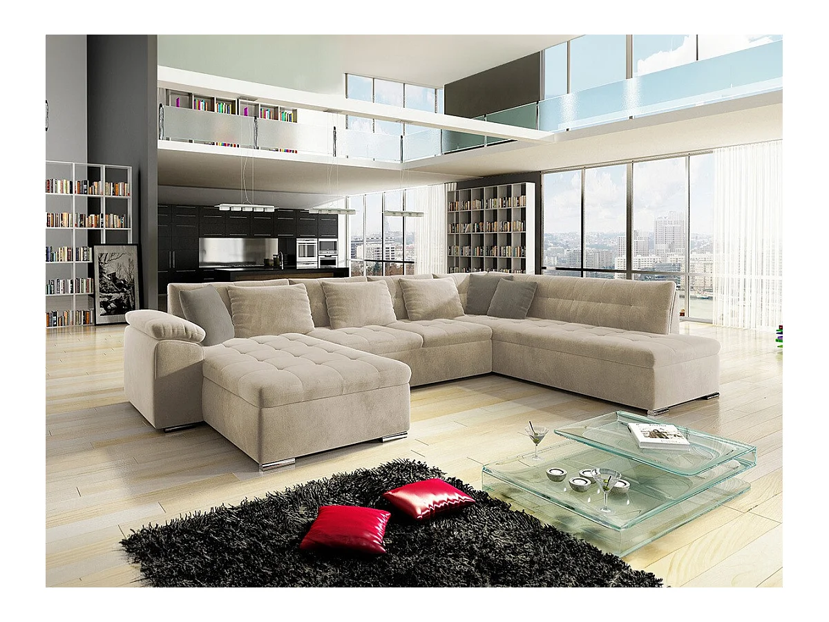 Canapé d'angle Comfivo 128, Brun clair, Fonction de couchage, 348x205x76cm