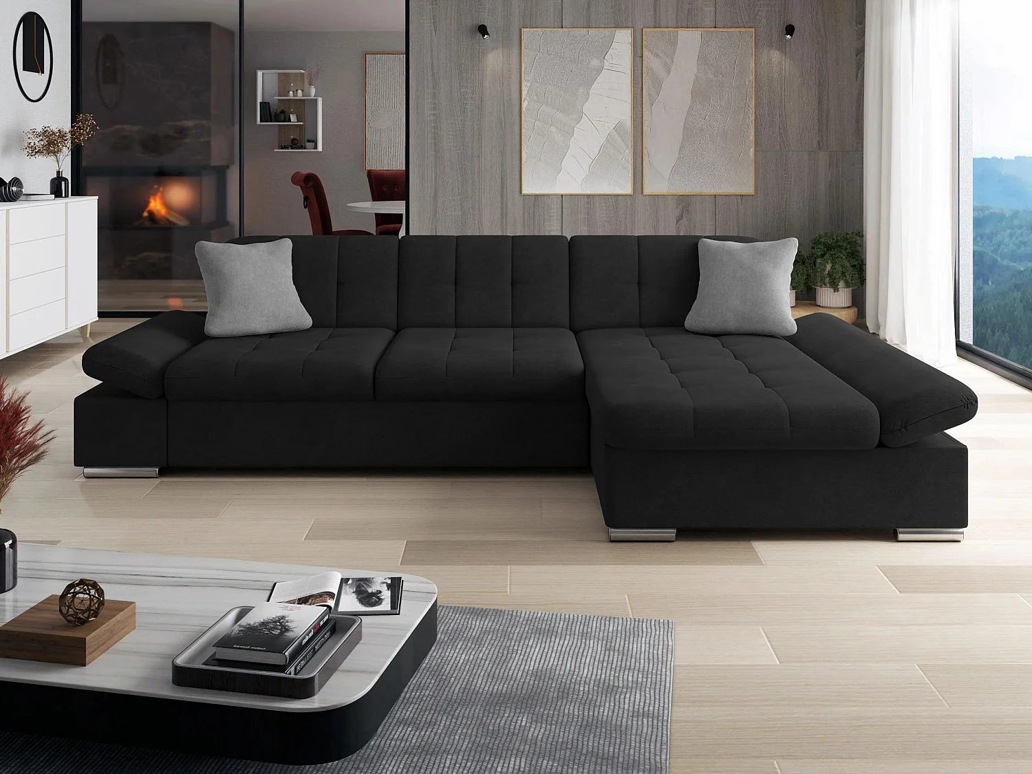 Sofá rinconero Comfivo Serenitas, Negro, 278x161x76cm