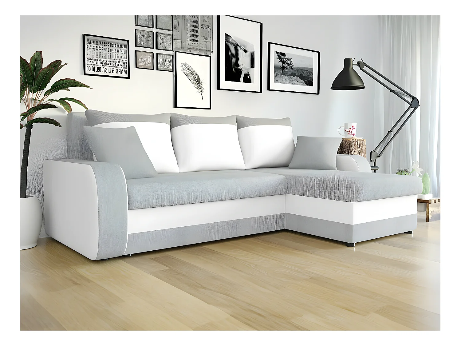 Canapé d'angle Comfivo 135, Gris, Fonction de couchage, Boîte de literie, 238x147x80cm