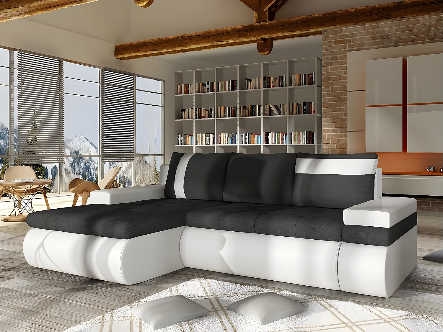 Canapé d'angle Temple 101, Gris, Fonction de couchage, Boîte de literie, 245x182x90cm