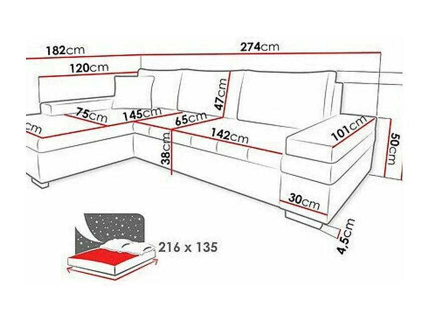 Divano angolare Comfivo 212, Rosso, Con, 274x182x83cm