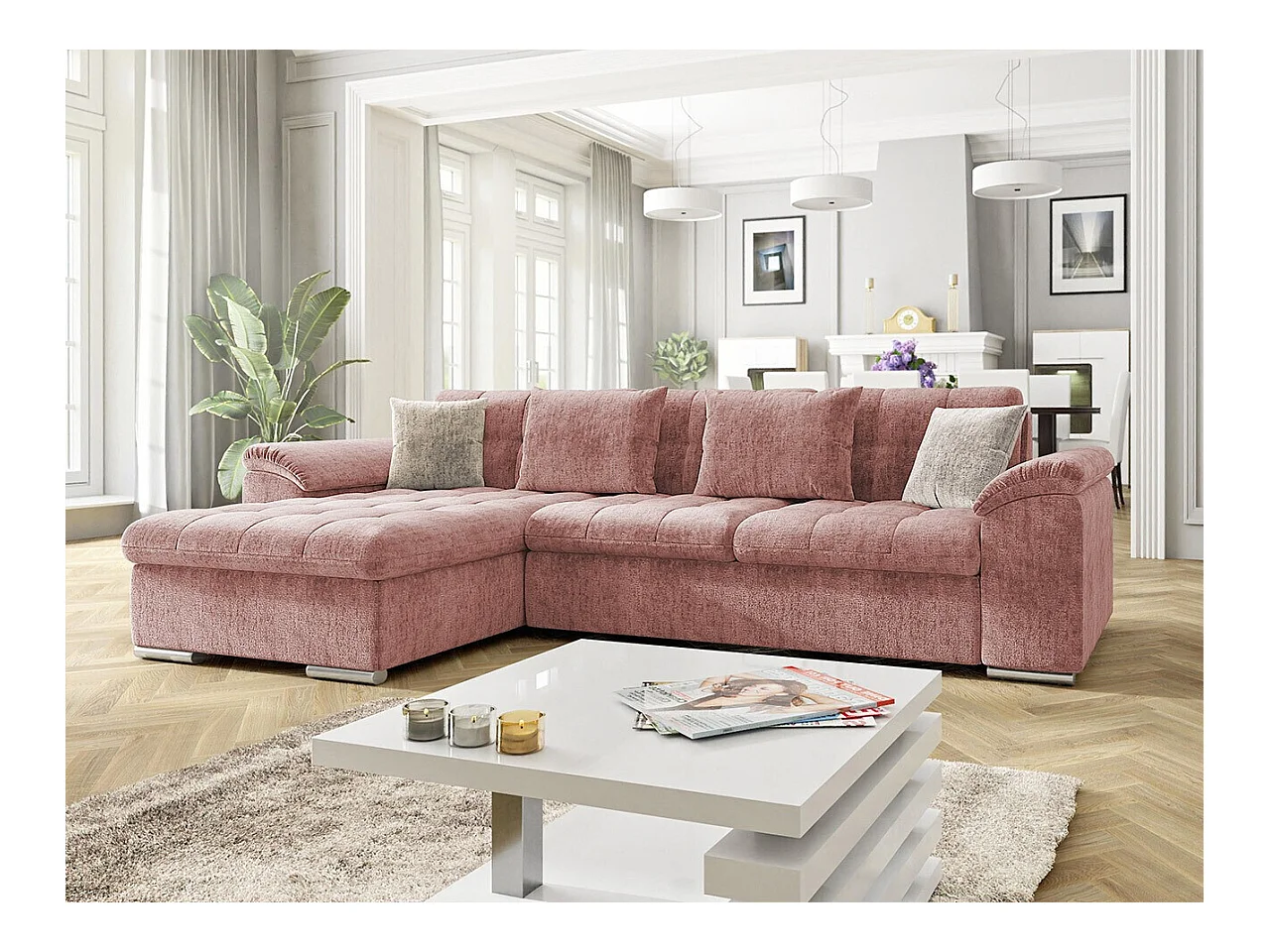 Canapé d'angle Comfivo 107, Rose, Fonction de couchage, Boîte de literie, 280x160x76cm