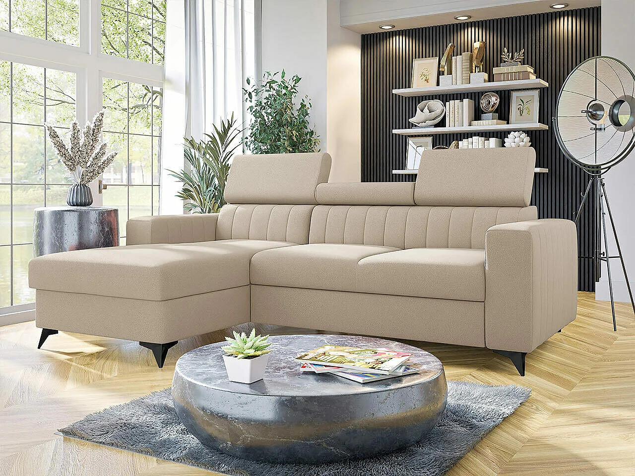 Canapé d'angle Columbus 170, Brun clair, Fonction de couchage, Boîte de literie, 236x82cm