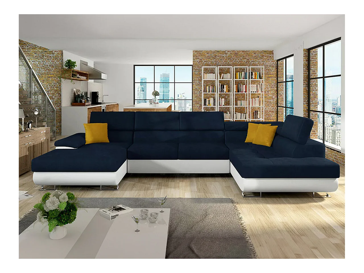 Canapé d'angle Comfivo 190, Bleu, Fonction de couchage, Boîte de literie, 345x202x71cm