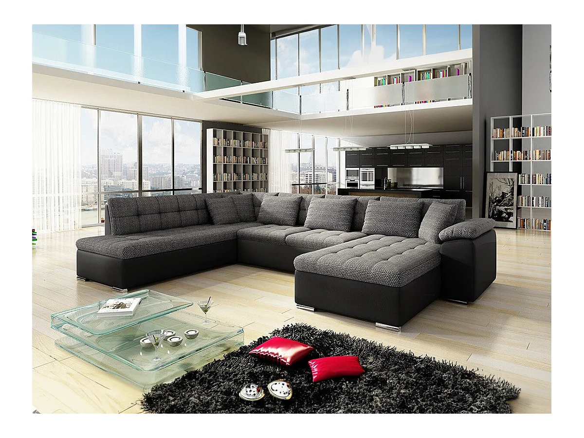 Canapé d'angle Comfivo 128, Gris, Fonction de couchage, 348x205x76cm