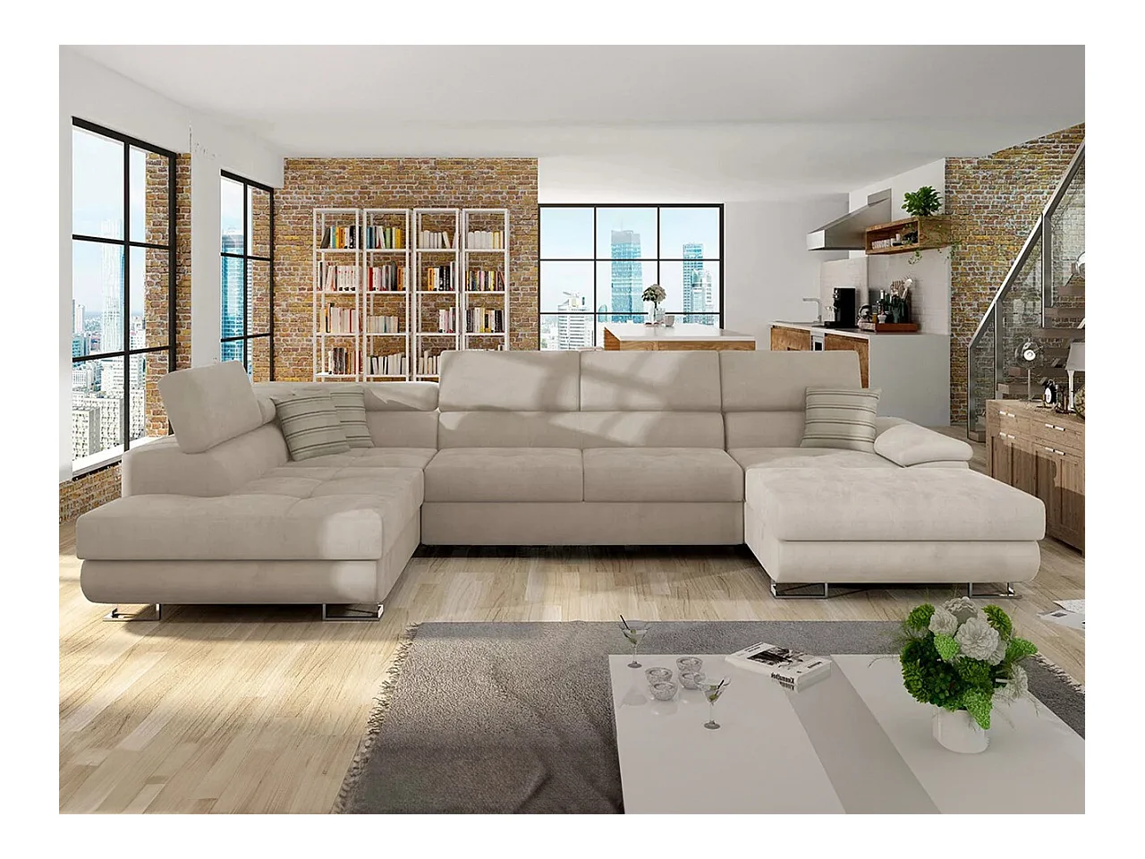 Canapé d'angle Comfivo 190, Brun clair, Fonction de couchage, Boîte de literie, 345x202cm