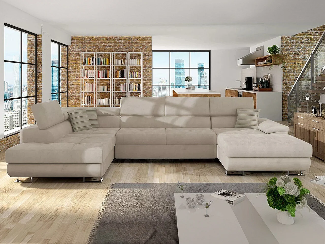 Sofá rinconero Comfivo 190, De color marrón claro, Función de descanso, Almacenaje, 345cm