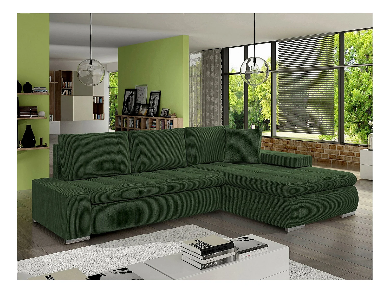 Canapé d'angle Comfivo 112, Vert, Fonction de couchage, Boîte de literie, 265x185x85cm