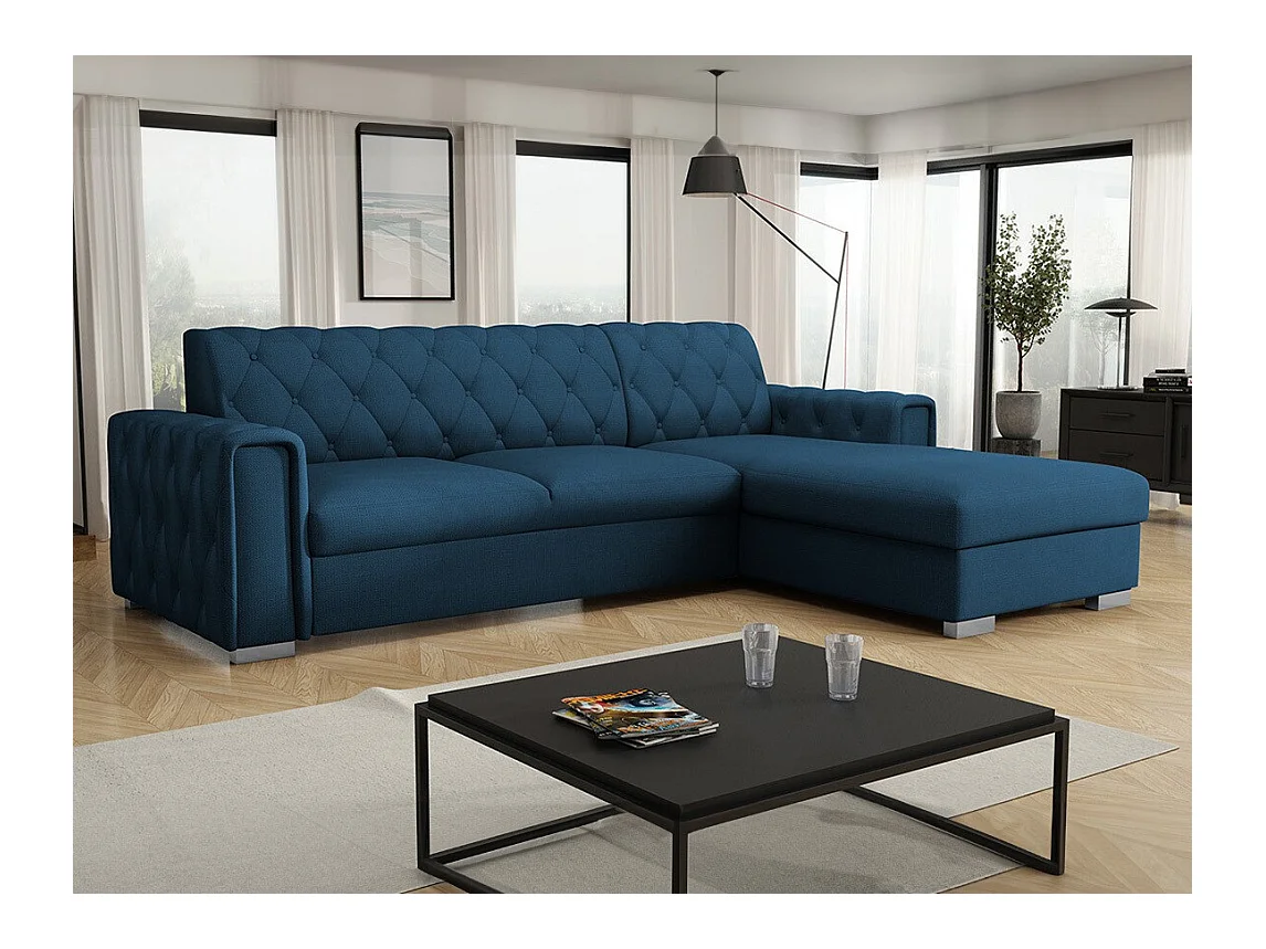 Canapé d'angle Columbus 203, Bleu, Fonction de couchage, Boîte de literie, 267x185x85cm
