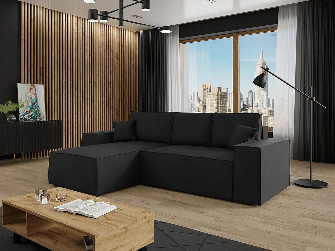 Canapé d'angle Clovis 108, Noir, Fonction de couchage, Boîte de literie, 279x174x94cm