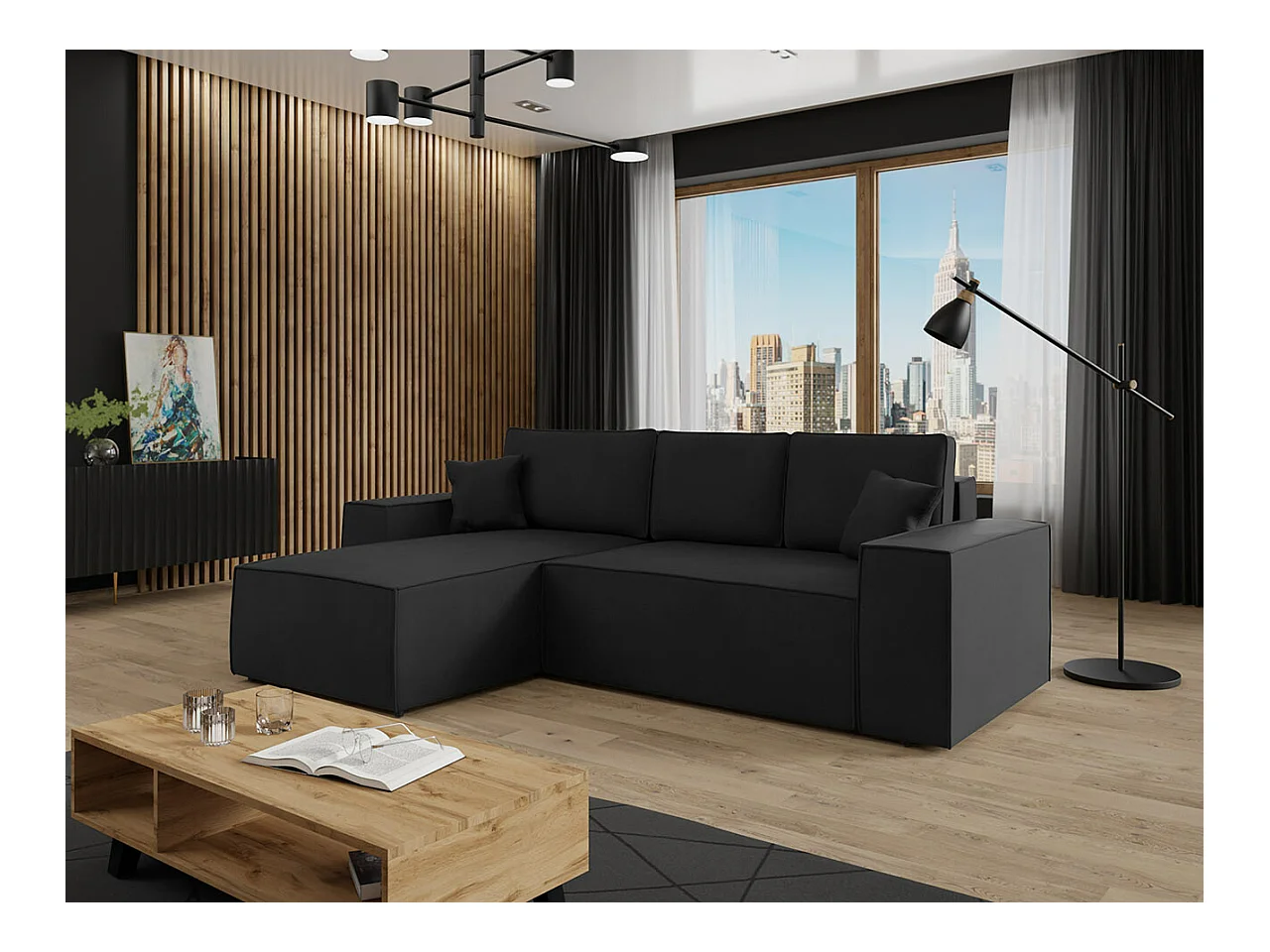 Canapé d'angle Clovis 108, Noir, Fonction de couchage, Boîte de literie, 279x174x94cm