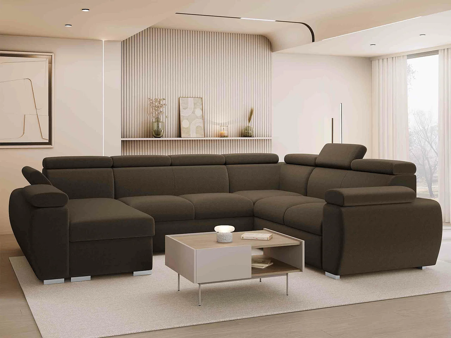 Canapé d'angle Columbus 134, Marron, Disponible, 325x260x85cm