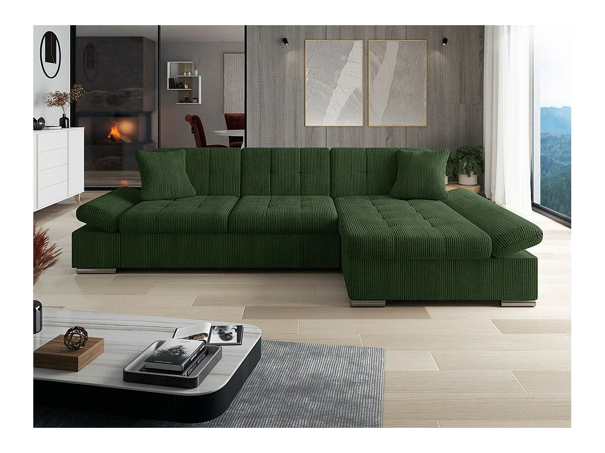 Canapé d'angle Comfivo 152, Vert, Fonction de couchage, Boîte de literie, 278x161x76cm