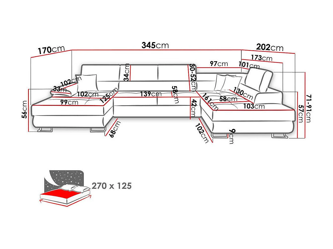 Sofá rinconero Comfivo 190, Gris, Función de descanso, Almacenaje, 345x202x71cm