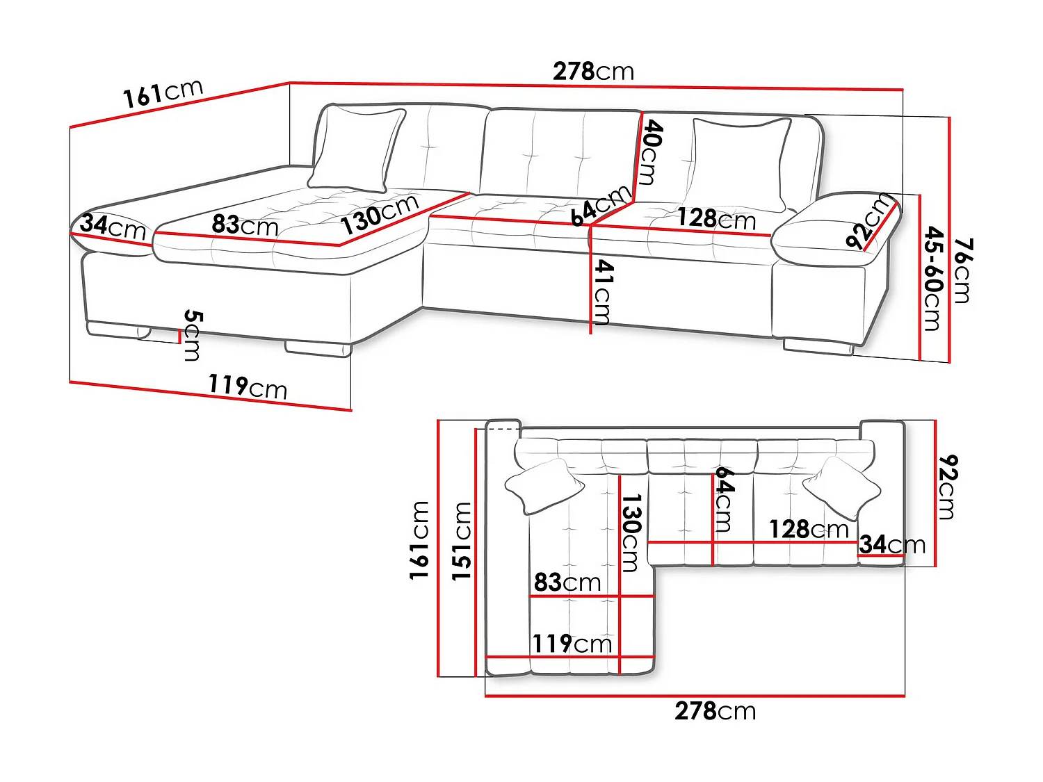 Sofá rinconero Comfivo 219, Amarillo, 278x161x76cm