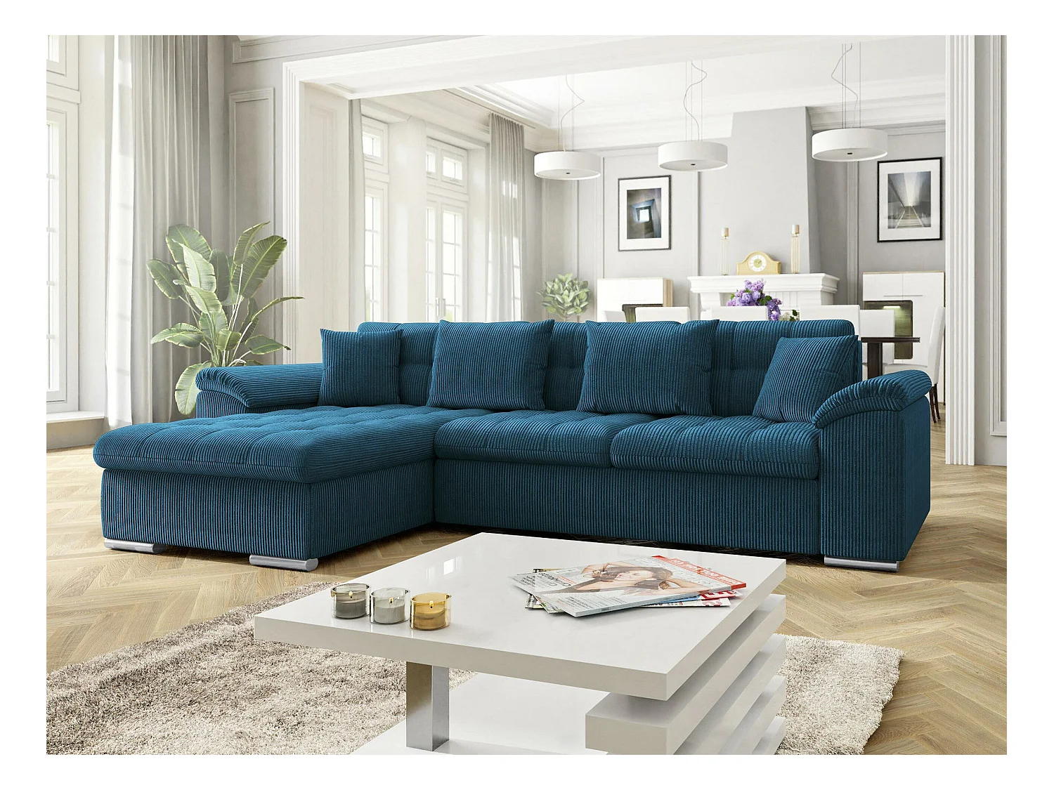 Canapé d'angle Comfivo 107, Bleu, Fonction de couchage, Boîte de literie, 280x160x76cm