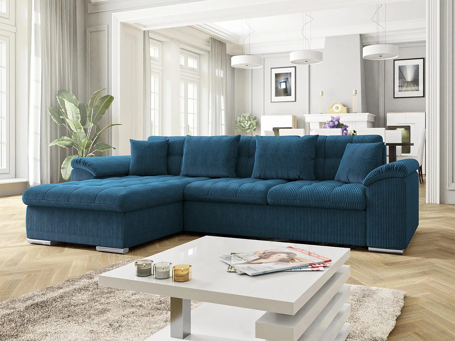 Sofá rinconero Comfivo Mica, Azul, Función de descanso, Almacenaje, 280x160x76cm