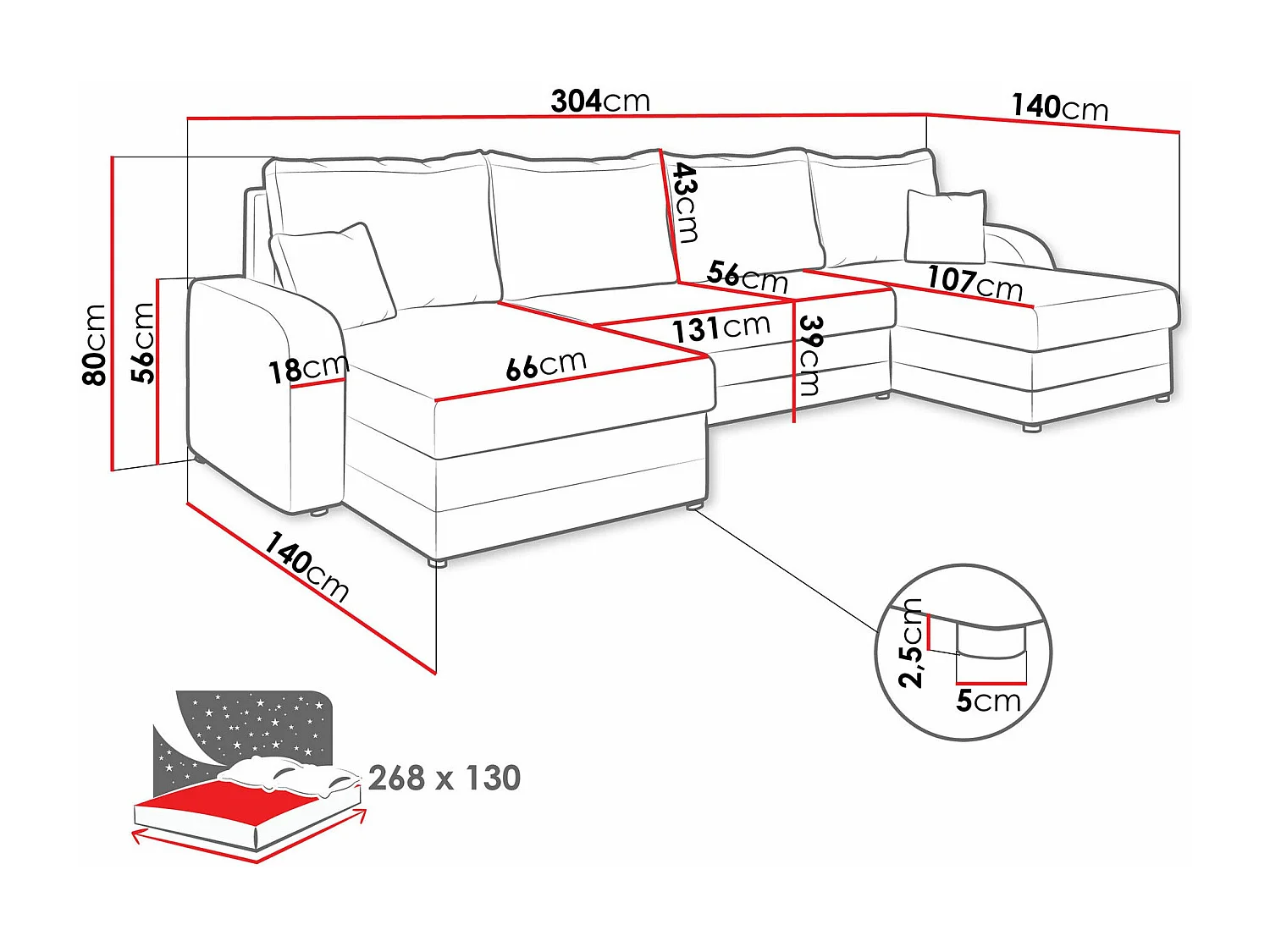 Sofá rinconero Comfivo 297, De color marrón claro, Función de descanso, Almacenaje, 304cm