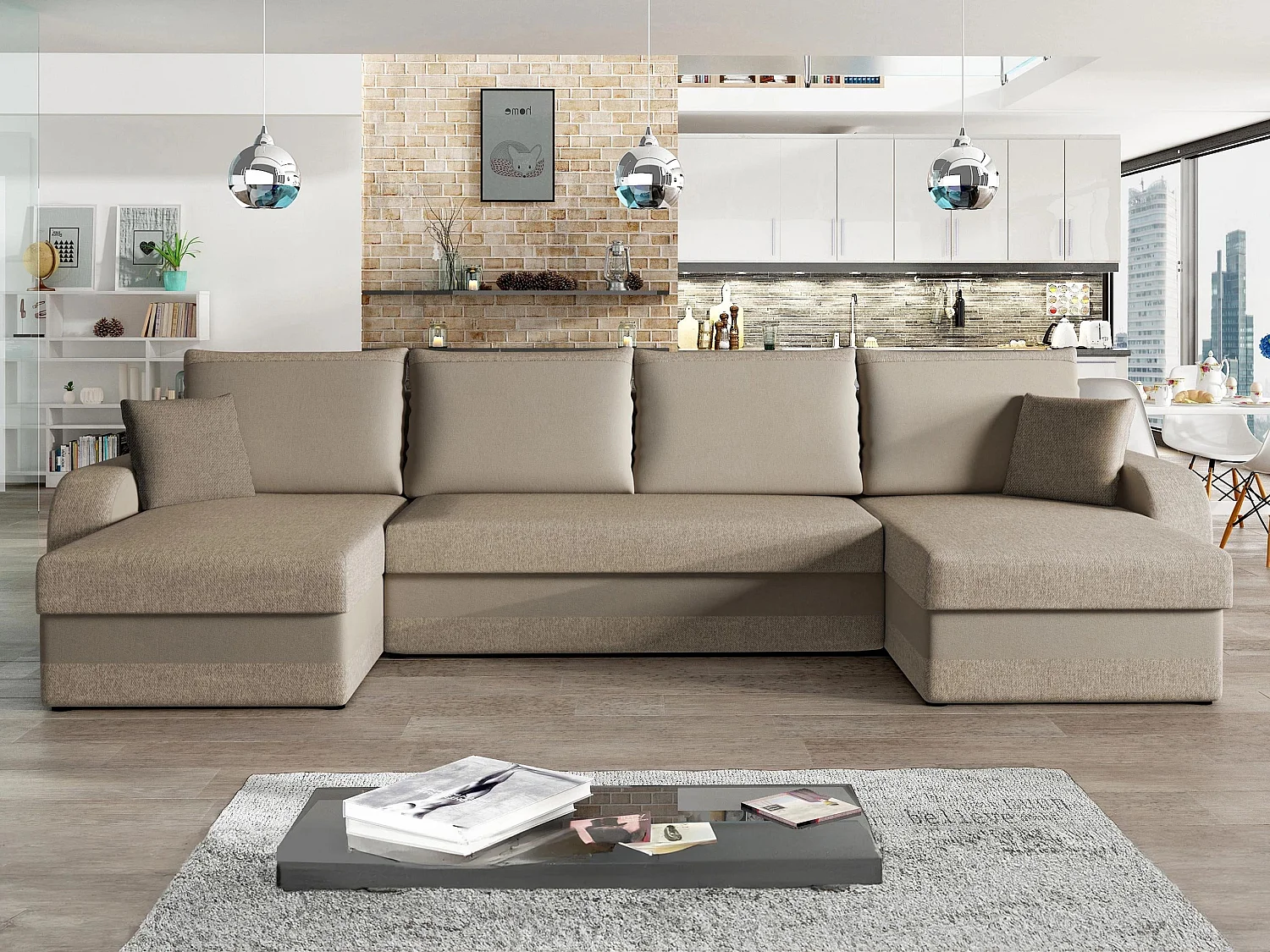 Canapé d'angle Comfivo Melissa III, Brun clair, Disponible, 304x140x80cm