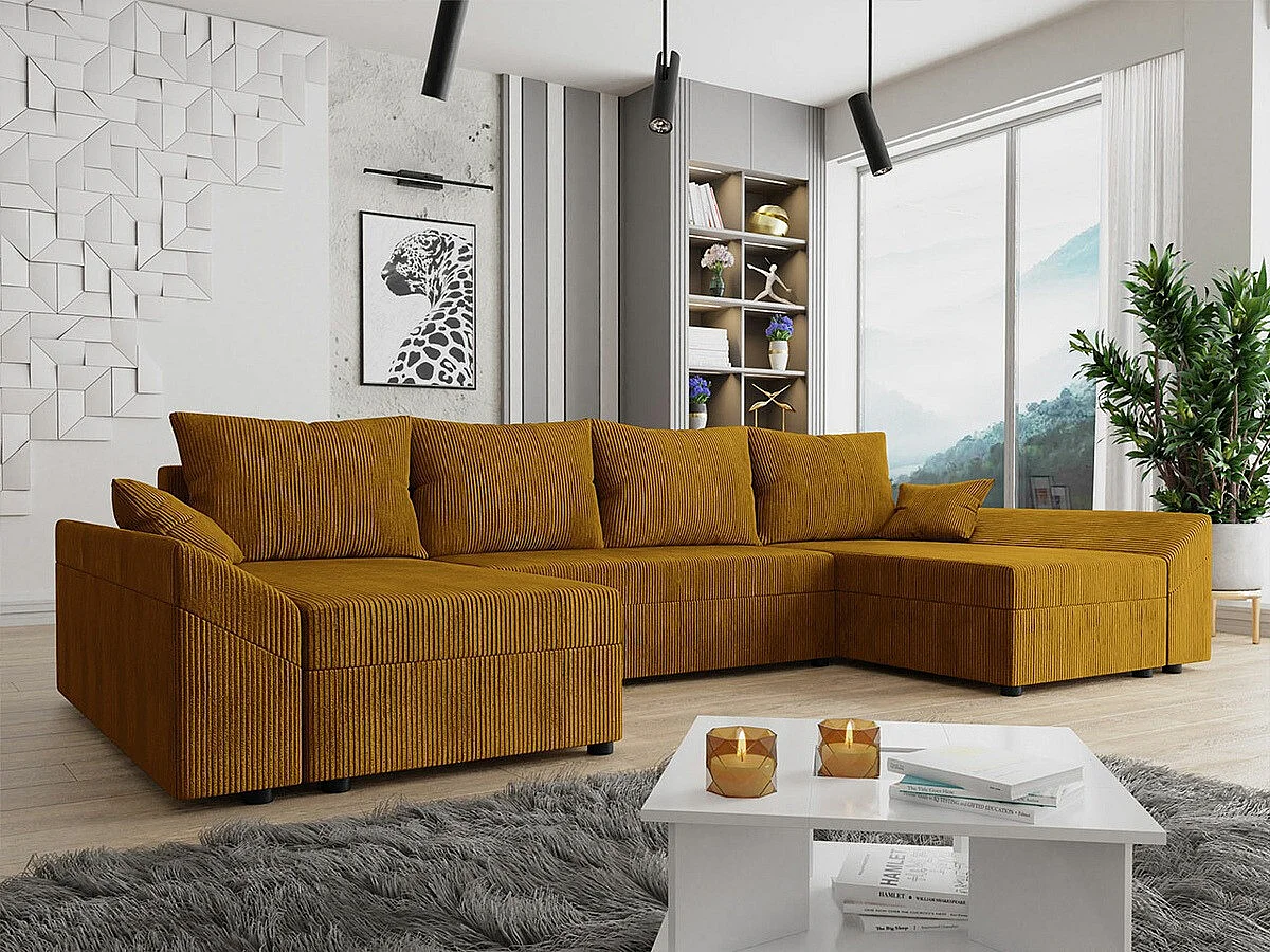 Canapé d'angle Memphis 105, Jaune, Fonction de couchage, Boîte de literie, 317x140x82cm