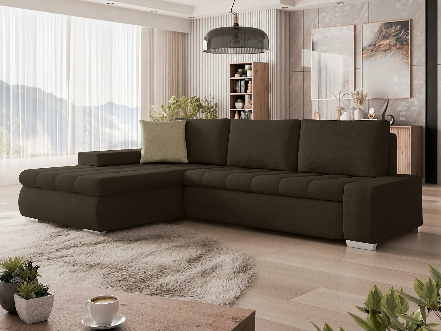 Sofá rinconero Comfivo 112, Marrón, Función de descanso, Almacenaje, 265x185x85cm