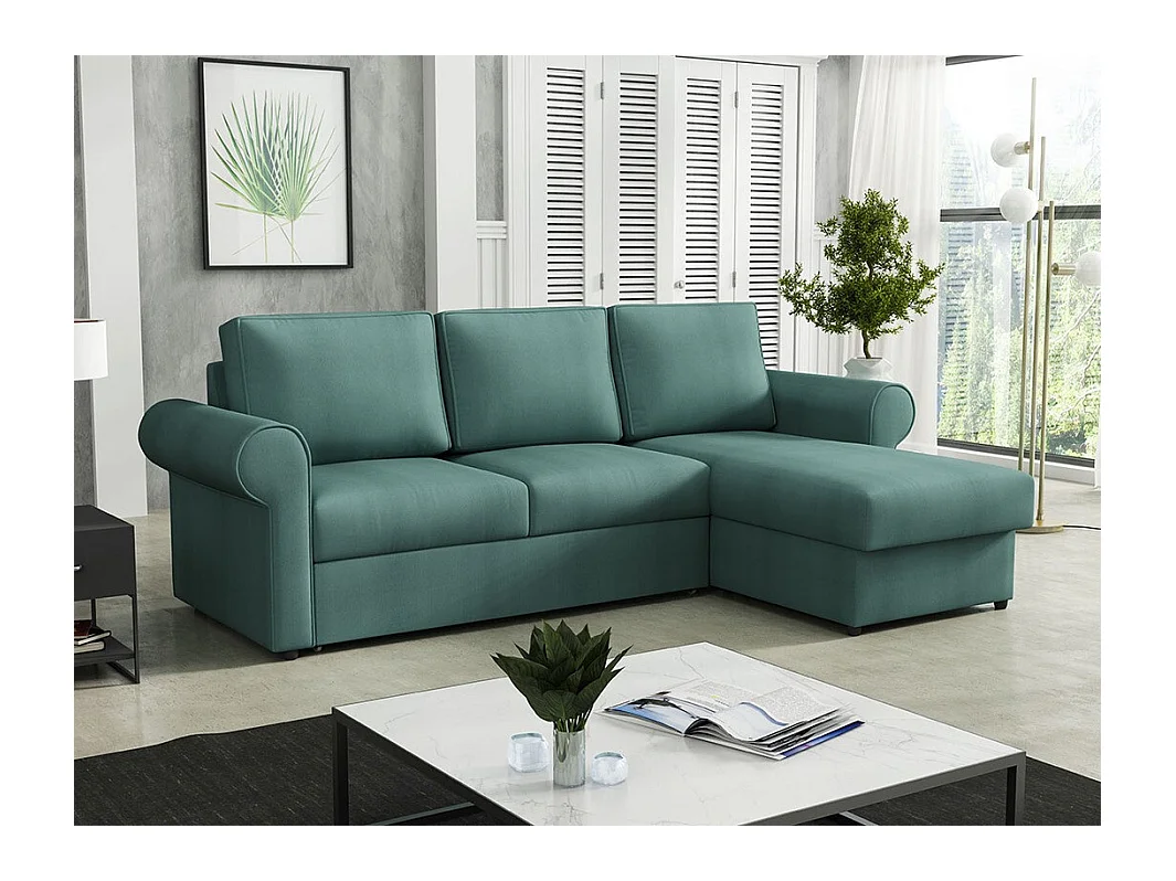 Canapé d'angle Columbus 131, Turquoise, Fonction de couchage, Boîte de literie, 246x155cm