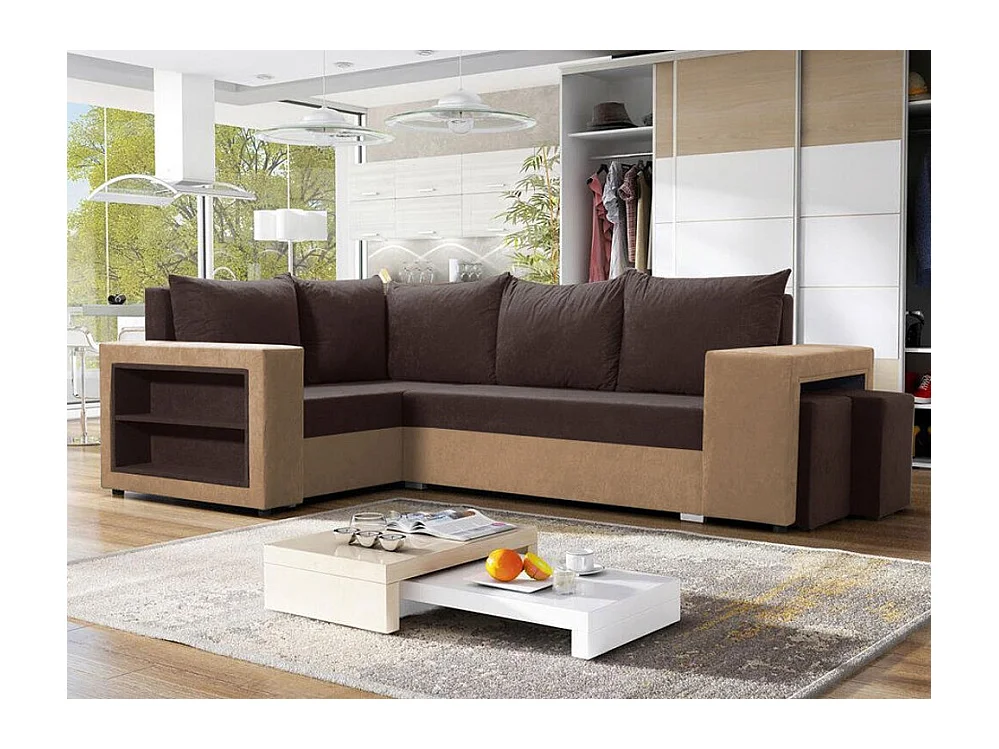 Canapé d'angle Muncie 103, Marron, Fonction de couchage, Boîte de literie, 250x162x85cm