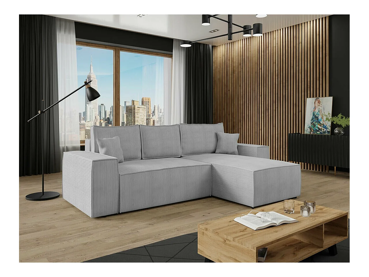 Canapé d'angle Clovis 108, Gris, Fonction de couchage, Boîte de literie, 279x174x94cm