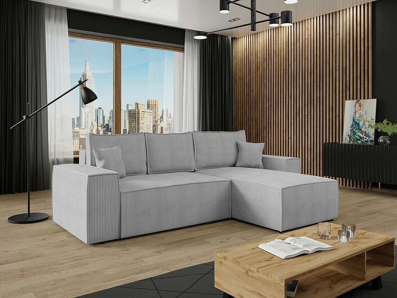 Sofá de canto Clovis 108, Cinzento, Funcionalidade de dormir